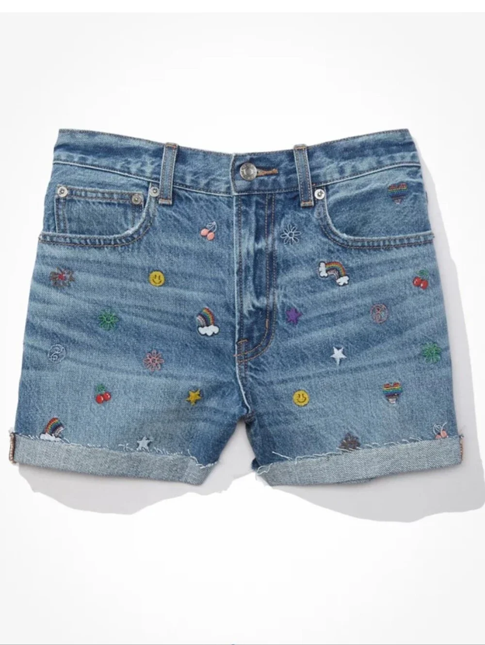 American Eagle 90's Boyfriend Embroidered Rainbow Denim Shorts